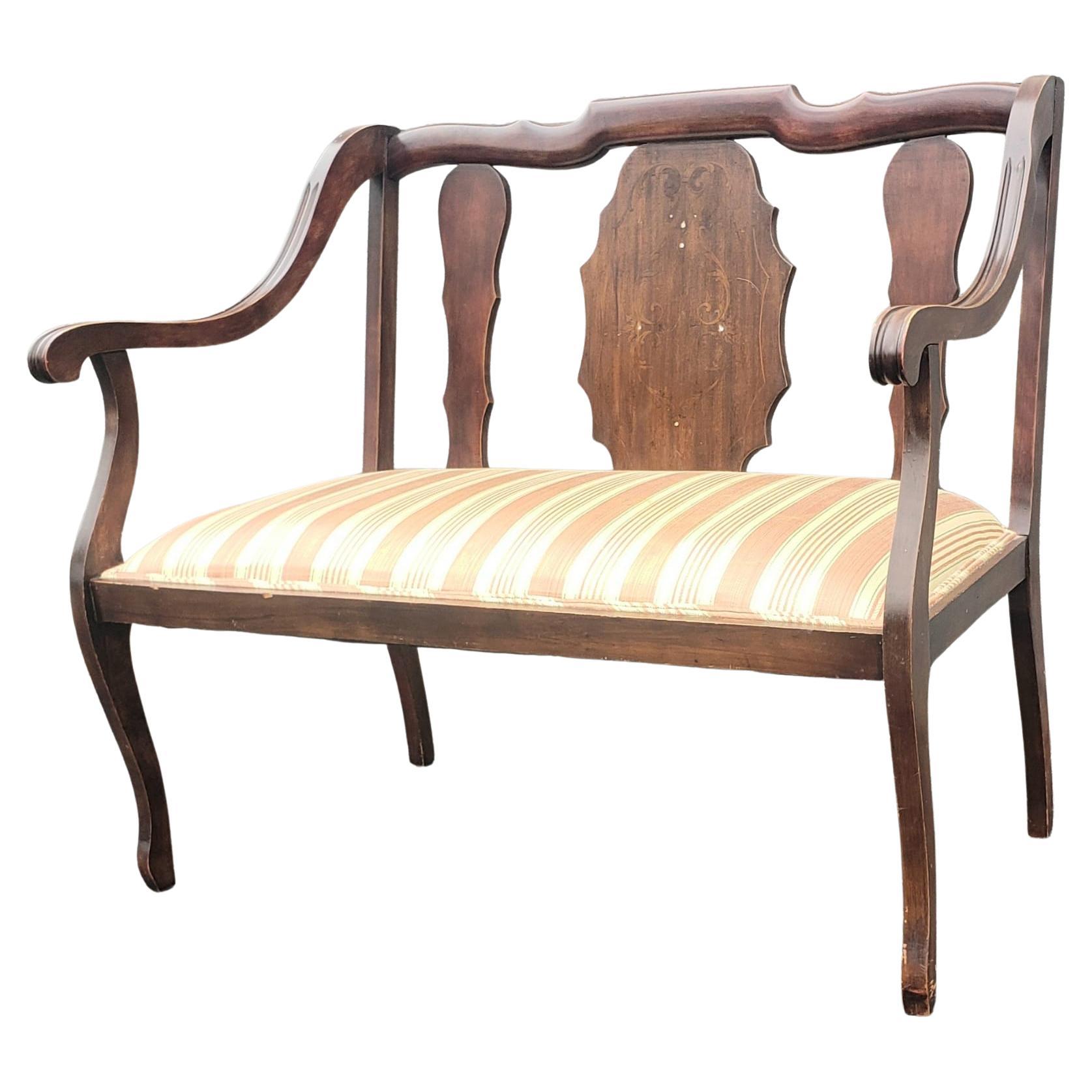 American 20th Century George III Style Walnut with Inlay and Upholstered Seat Settee For Sale