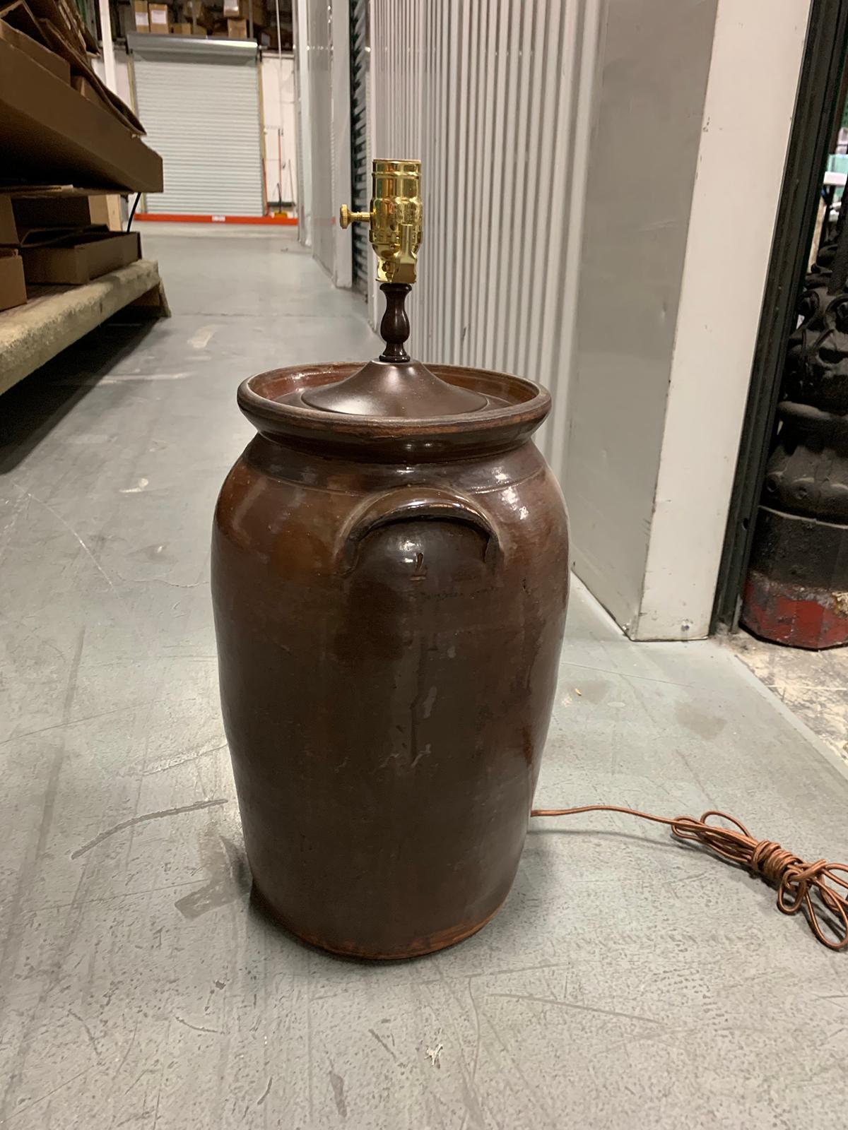 American 20th Century Georgia Pottery Crock as Lamp For Sale