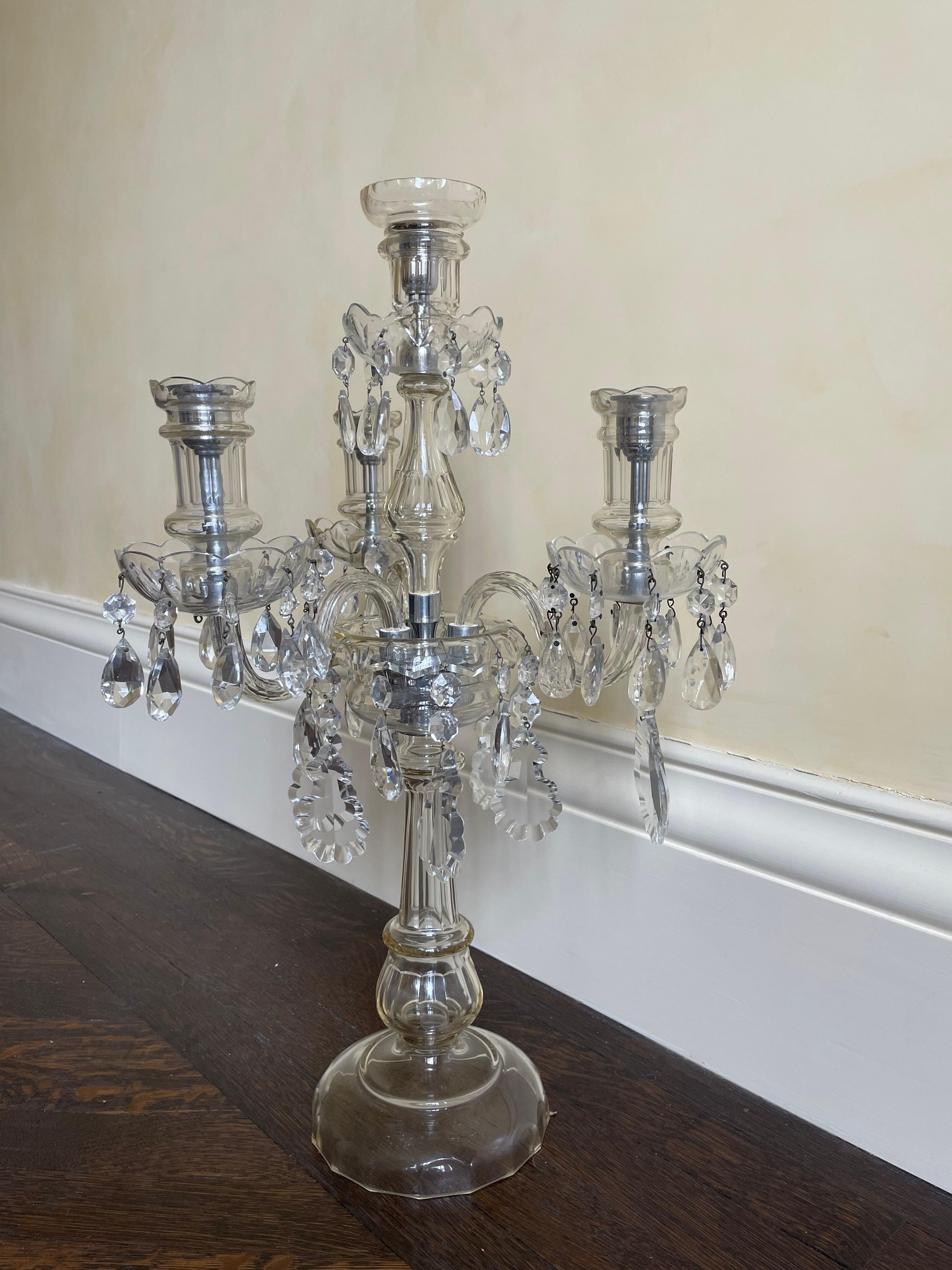 Early 20th Century Georgian Anglo-Irish Style 4-light crystal and silver candelabrum with faceted prisms and etched bobeches. Estate of Harold S. Vanderbilt, formerly 