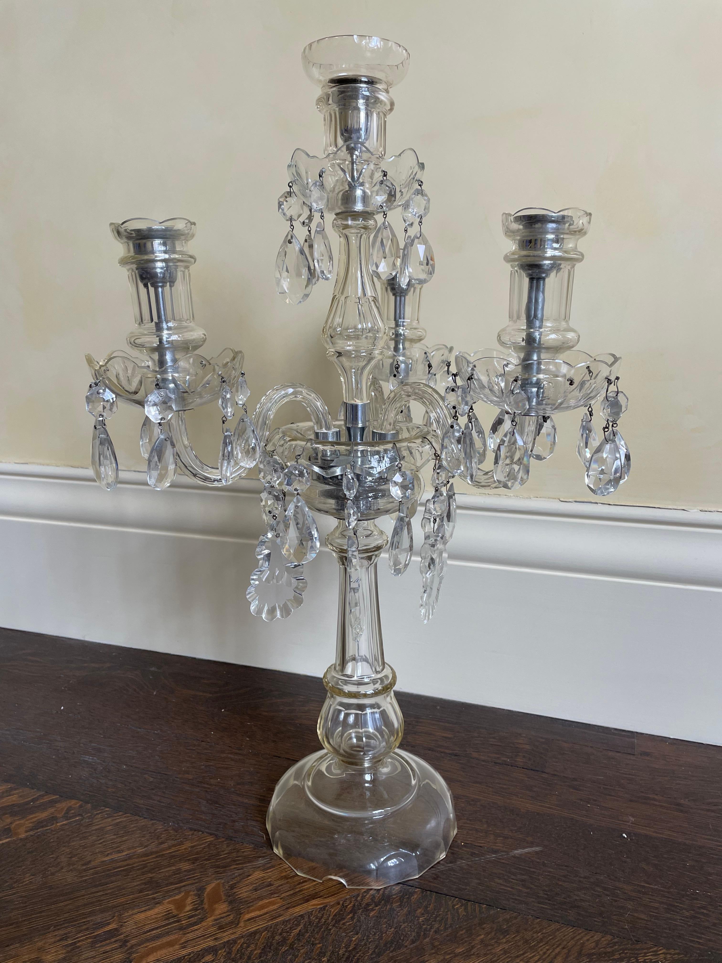 Etched 20th Century Georgian Anglo-Irish Style 4-Light Crystal & Silver Candelabrum For Sale