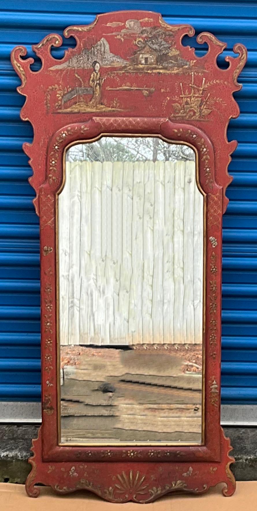 Miroir chinois rouge de style géorgien du 20e siècle peint à la main Bon état - En vente à Kennesaw, GA