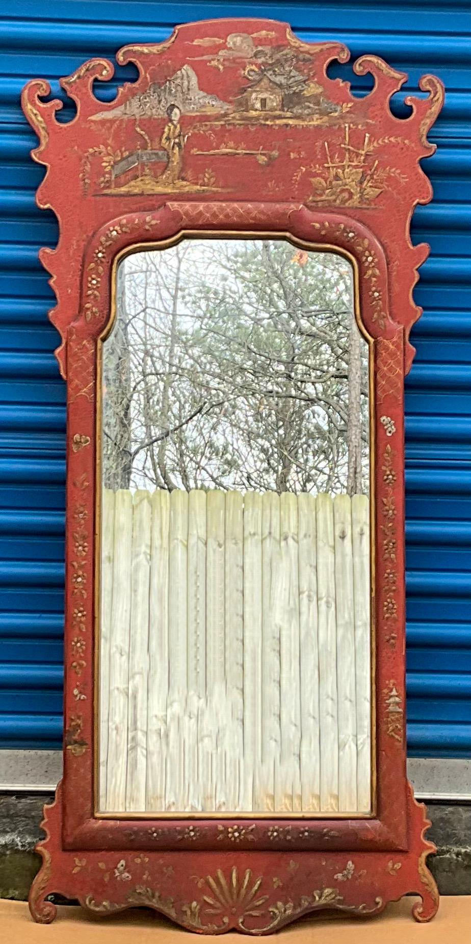 Italian 20th Century Georgian Style Hand Painted Chinese Red chinoiserie Mirror For Sale