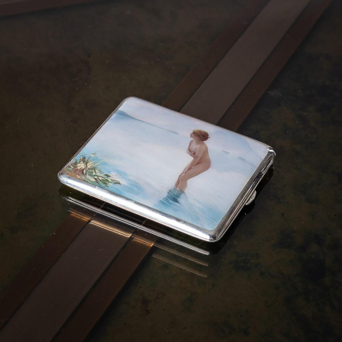 Antique early-20th Century German exceptional solid silver & enamel cigar case, rectangular hinged lid with rounded courners, decorated with a nude girl in a lake after the painting ‘Matinée de Septembre - September Morn’ by Paul Emile Chabas, A