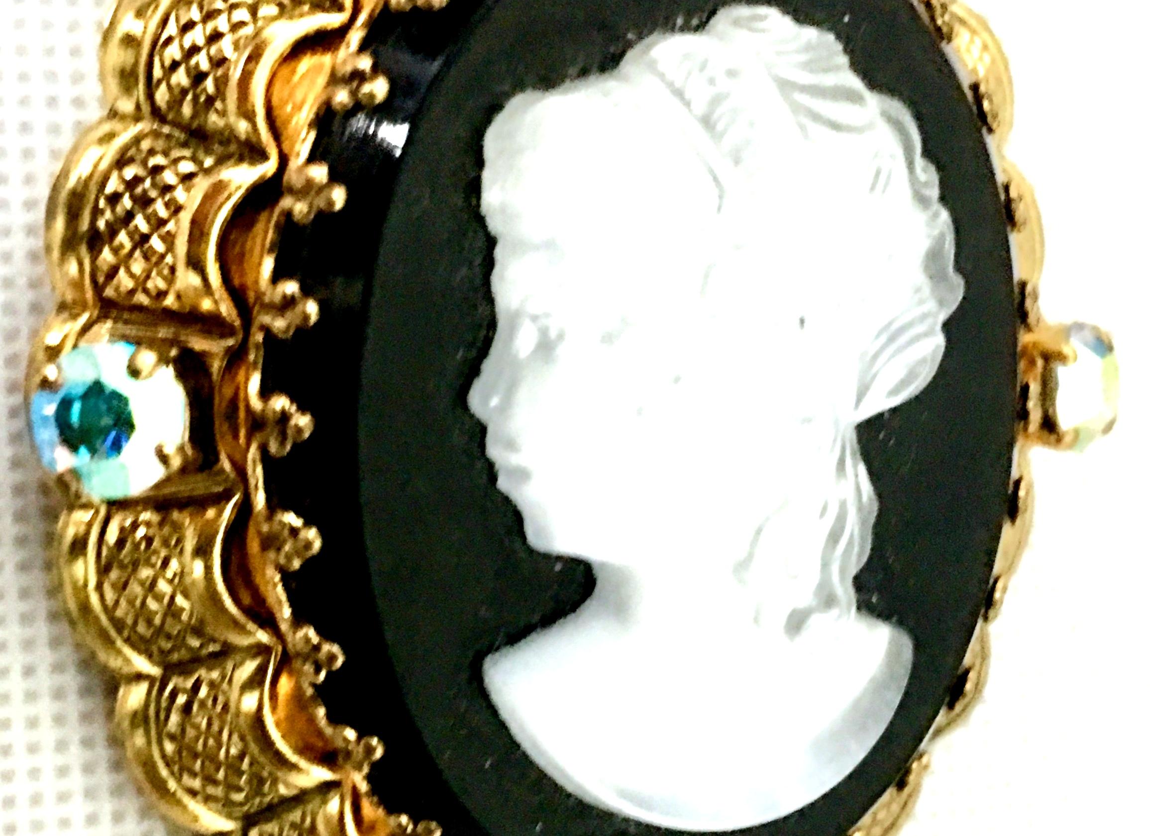 Women's or Men's 20th Century German Gold Filigree Carved Glass Cameo & Austrian Crystal Brooch