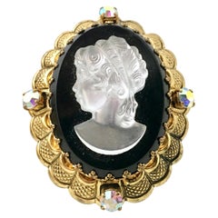 Vintage 20th Century German Gold Filigree Carved Glass Cameo & Austrian Crystal Brooch