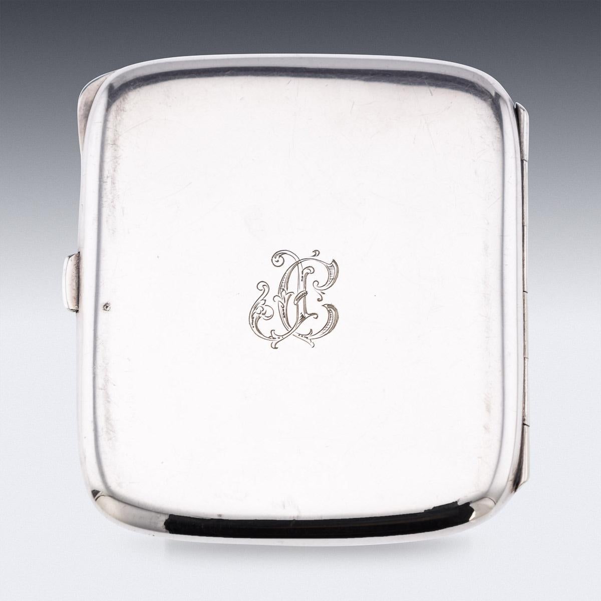 Antique 20th century German hand painted enamel cigarette case. Stunning quality, richly parcel gilt, the cover is enameled with an erotic scene depicting a deshabille lady with nude breasts. The hinge is very tight and clasp is very strong, clicks