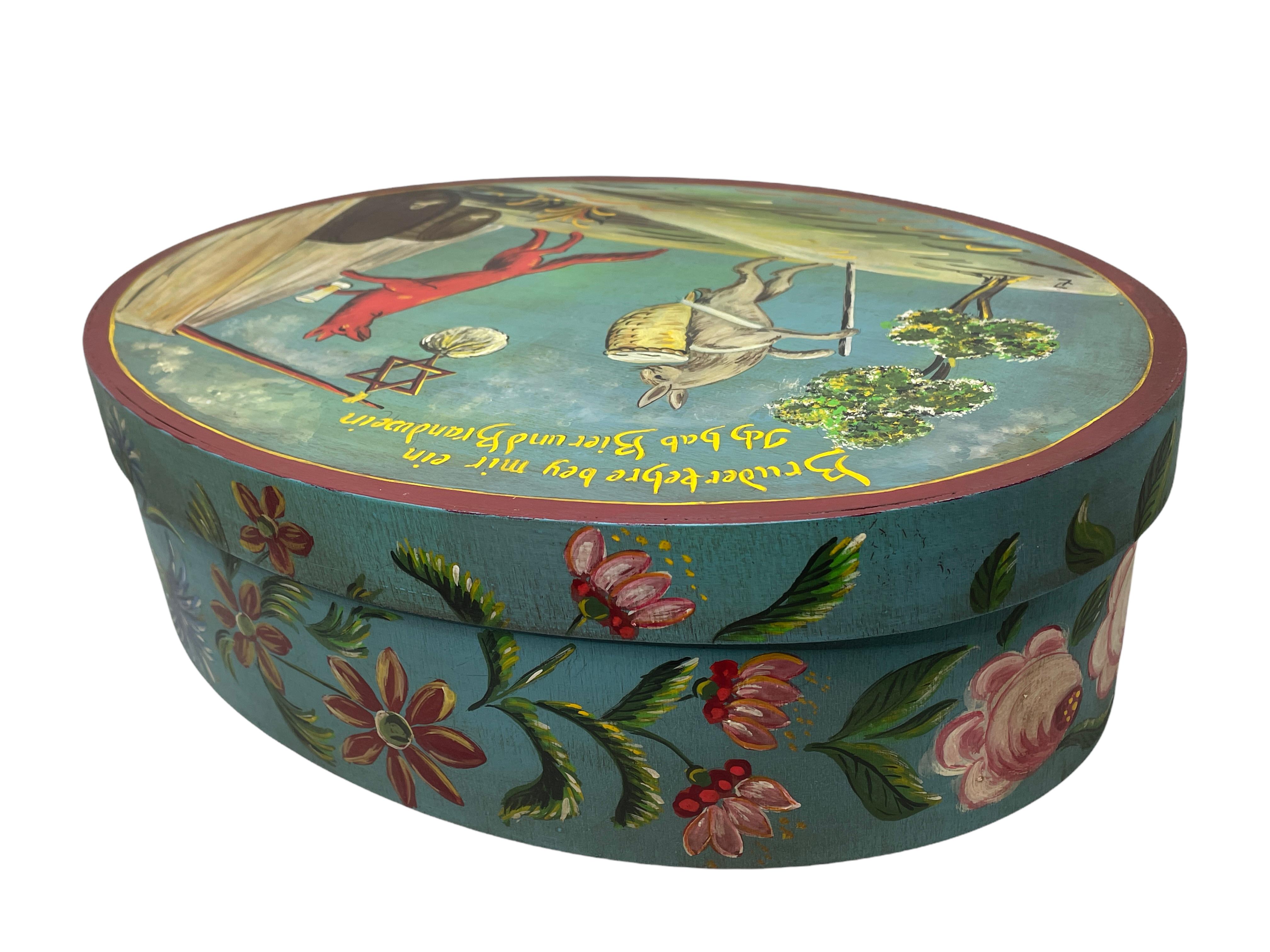 Folk Art 20th Century German Hand Painted Oval Bentwood Box