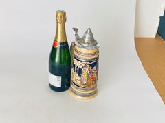 20th Century German Large Ceramic Beer Stein with Lid Beige Color