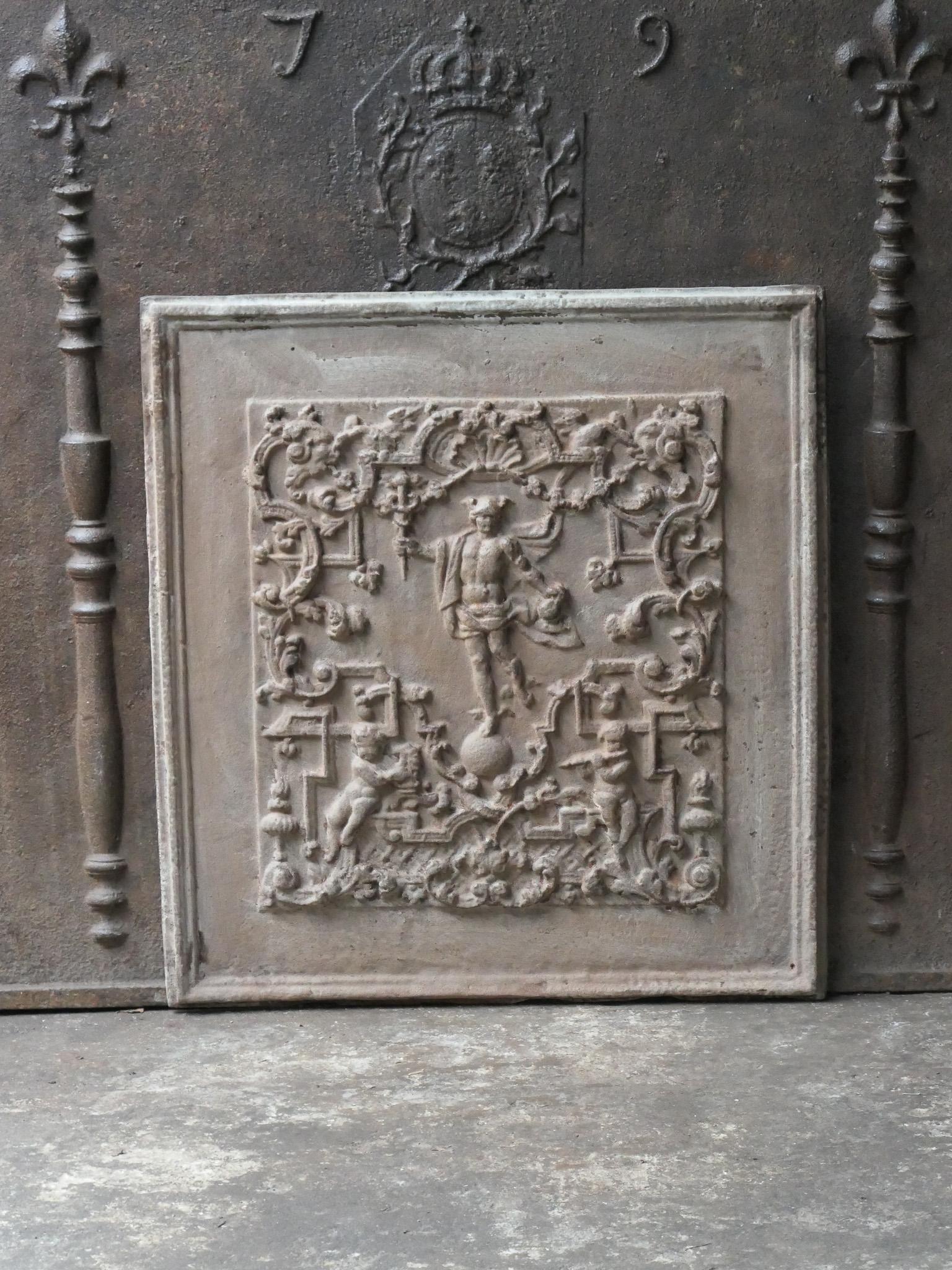 20th Century German 'Mercury' Fireback / Backsplash. Victorian Style. 

The fireback is made of cast iron and has a natural brown patina. Upon request, it can be made black/pewter at no extra cost. The condition of the fireback is good, with no