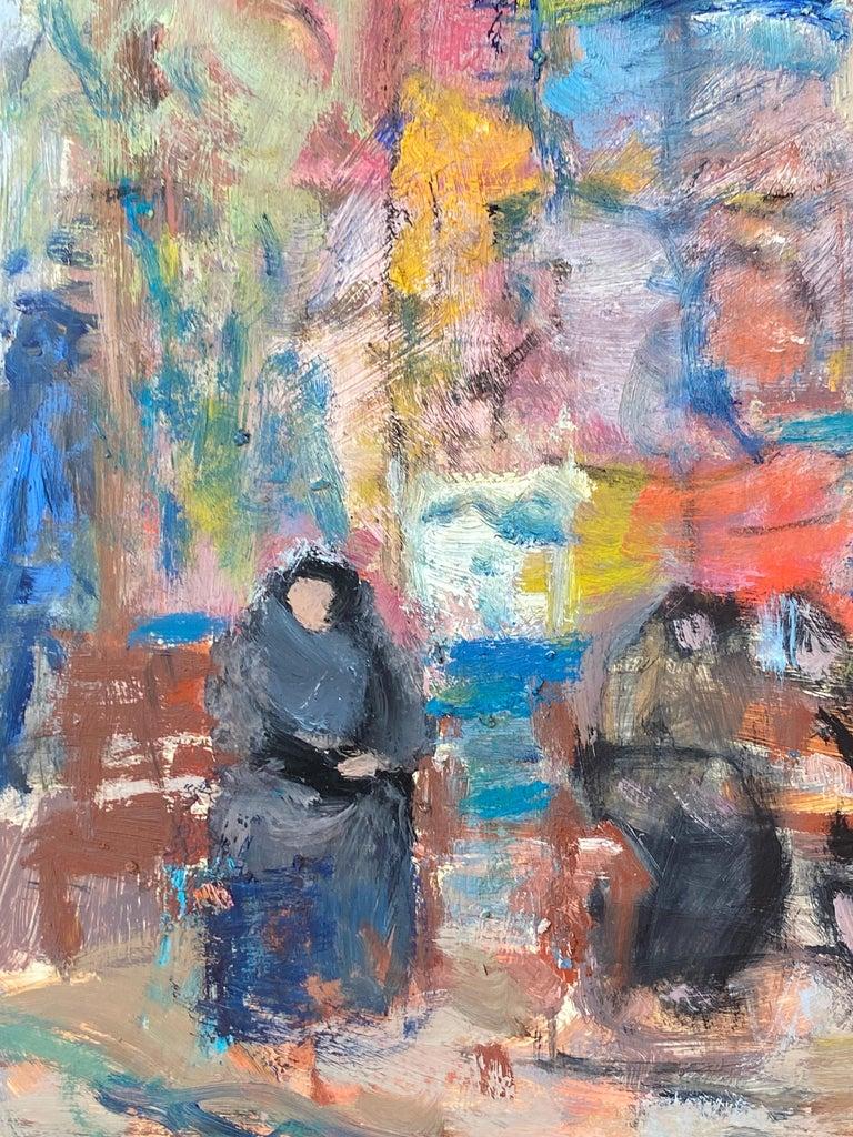 Painted 20th Century German Modernist Oil Painting Figures Colorful Street Scene For Sale