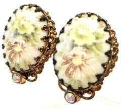 20th Century German Pair Of Gold Plate & Hand Painted Porcelain Earrings