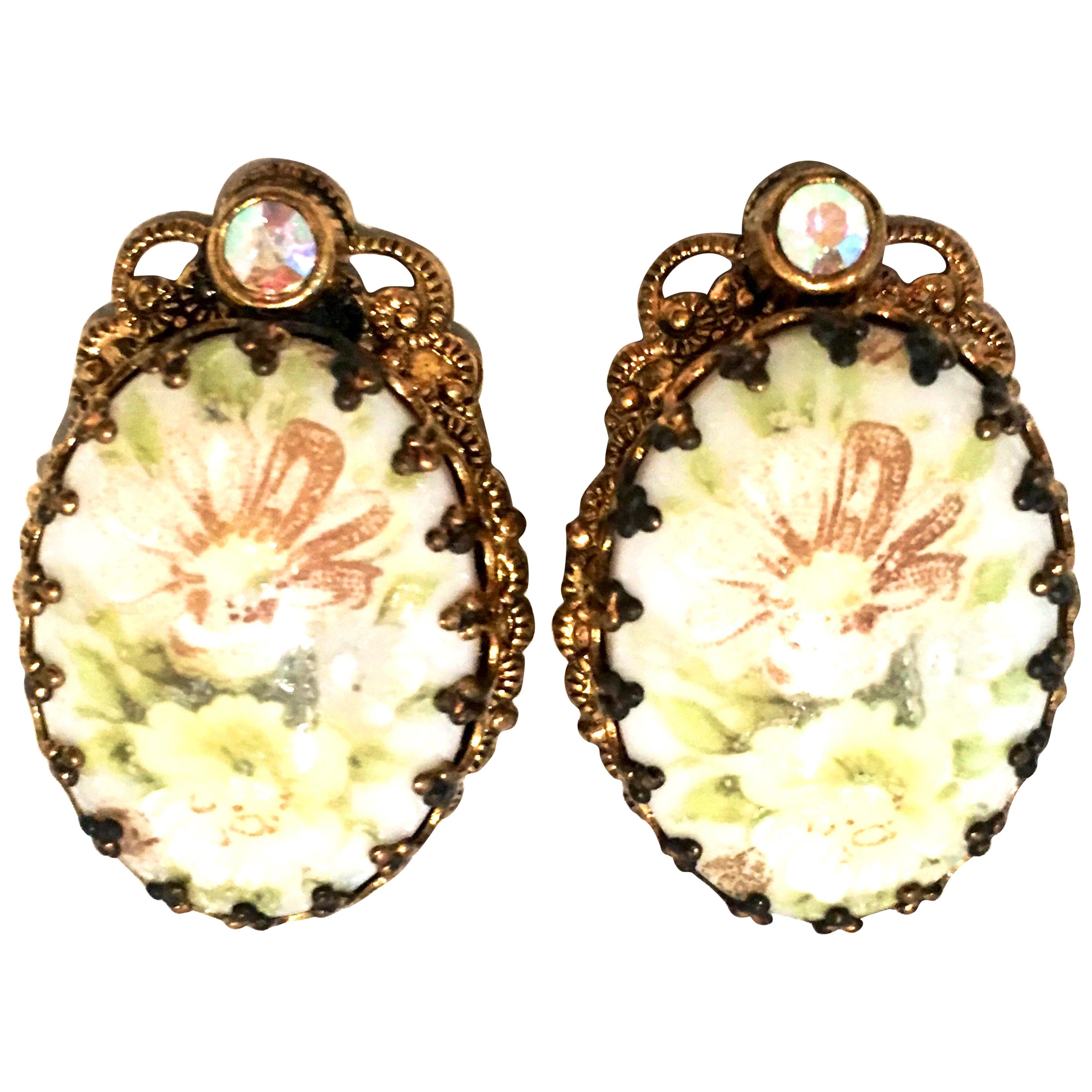 20th Century German Pair Of Gold Plate & Hand Painted Porcelain Earrings For Sale