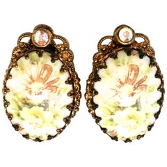 Retro 20th Century German Pair Of Gold Plate & Hand Painted Porcelain Earrings