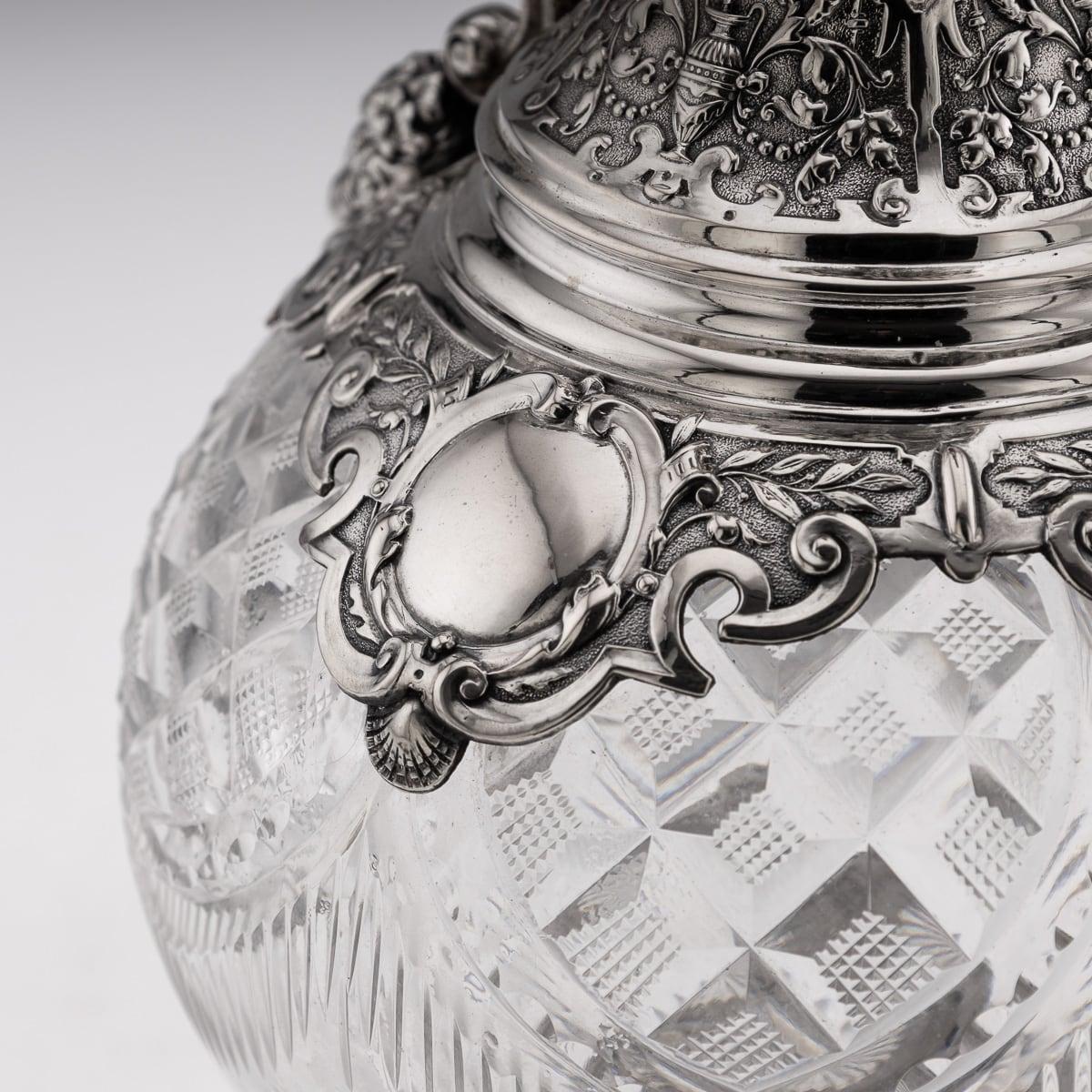 Paire de grands pichets à vin allemands du 20ème siècle en argent massif et verre taillé vers 1900 en vente 8