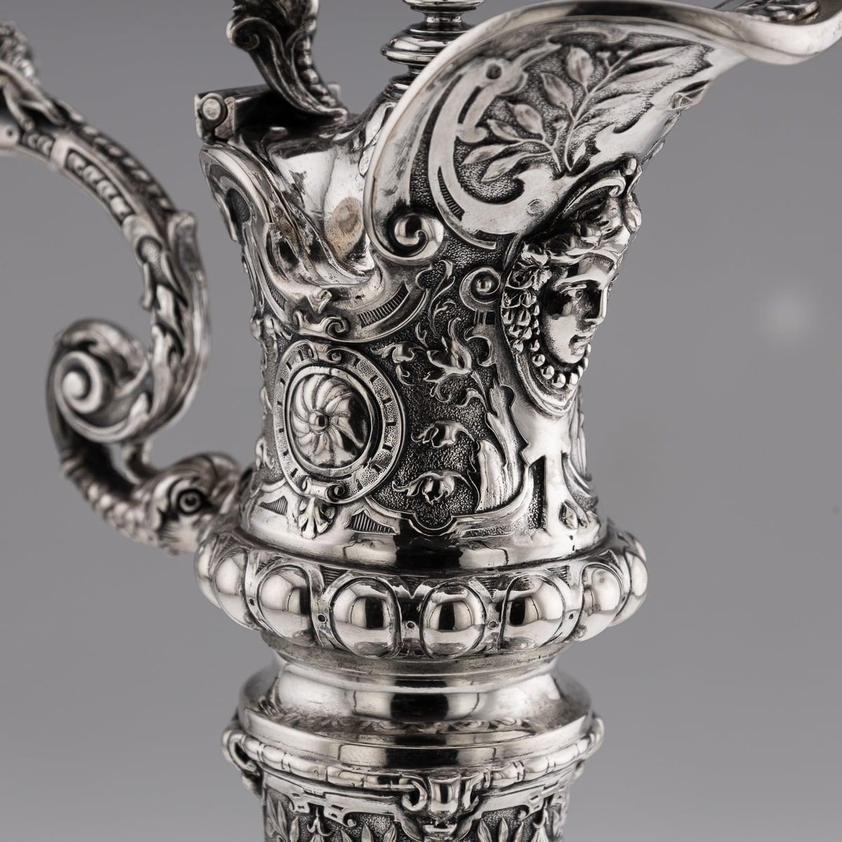 Paire de grands pichets à vin allemands du 20ème siècle en argent massif et verre taillé vers 1900 en vente 9