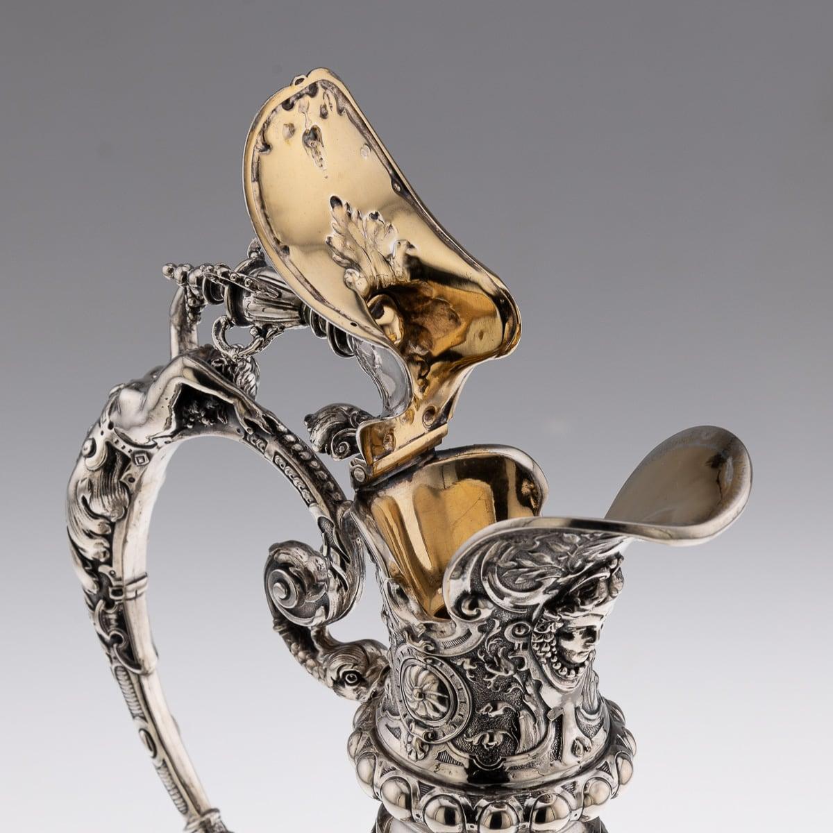 Paire de grands pichets à vin allemands du 20ème siècle en argent massif et verre taillé vers 1900 en vente 11