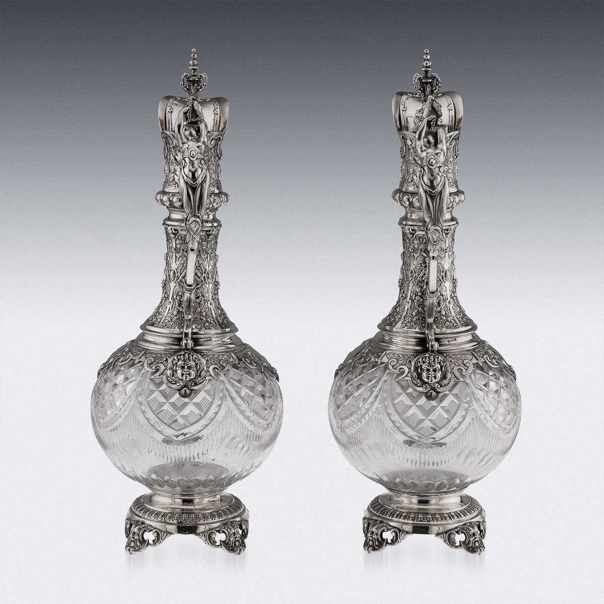 Paire de grands pichets à vin allemands du 20ème siècle en argent massif et verre taillé vers 1900 Bon état - En vente à Royal Tunbridge Wells, Kent