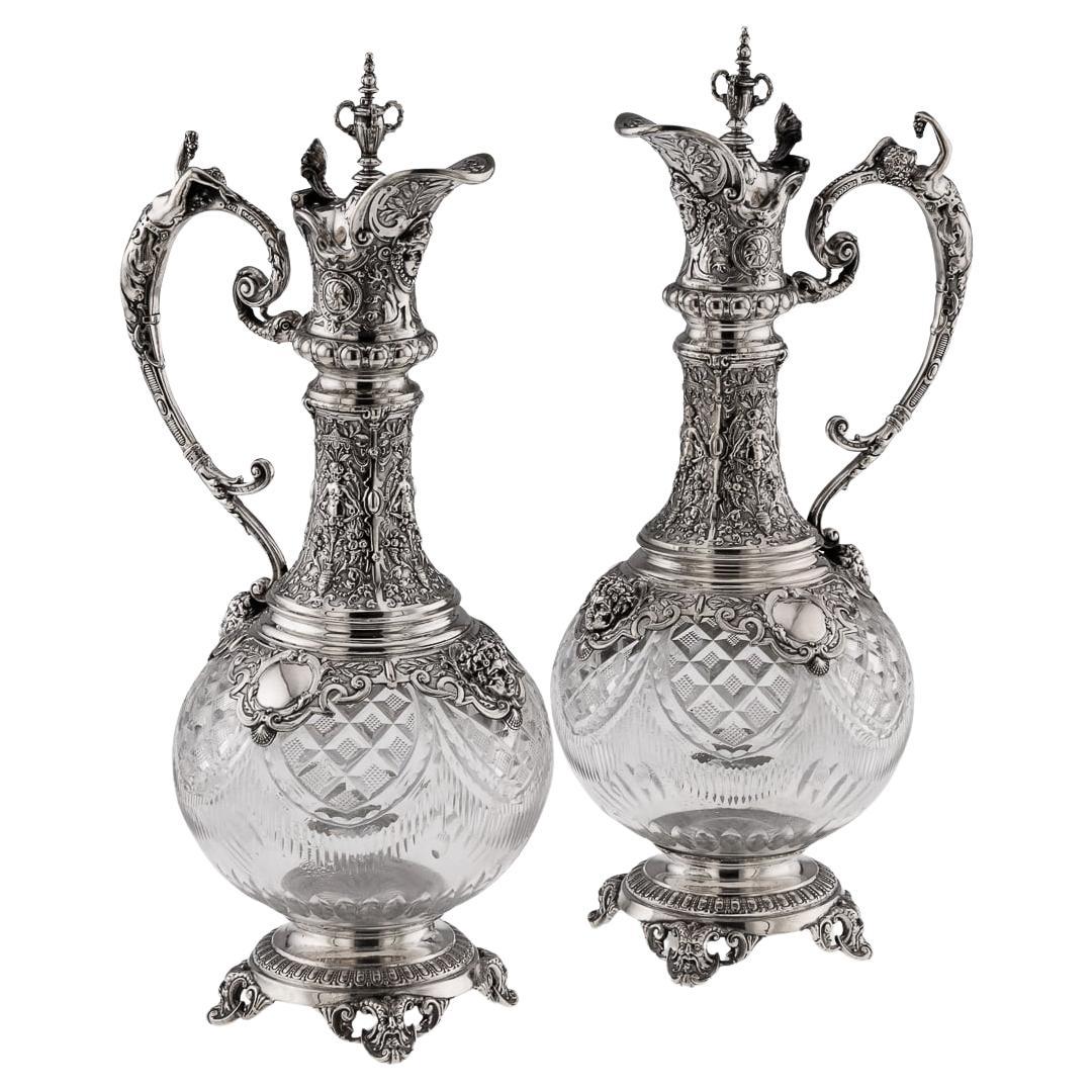 20th Century German Pair Of Large Solid Silver & Cut Glass Wine Jugs c.1900