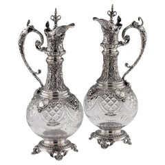 20th Century German Pair Of Large Solid Silver & Cut Glass Wine Jugs c.1900