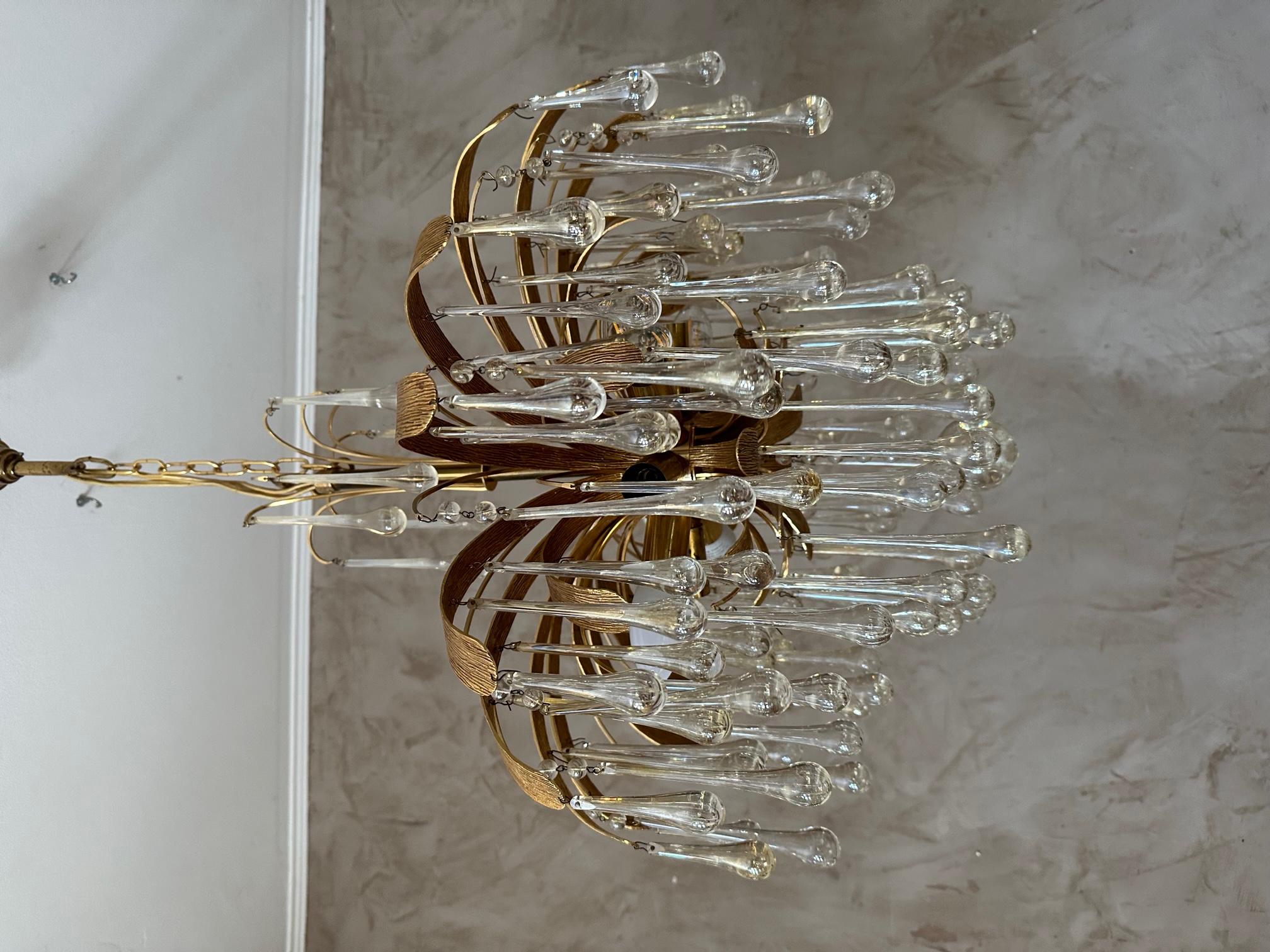 20th century German Palwa Murano Glass and Brass Chandelier, 1970s In Good Condition For Sale In LEGNY, FR