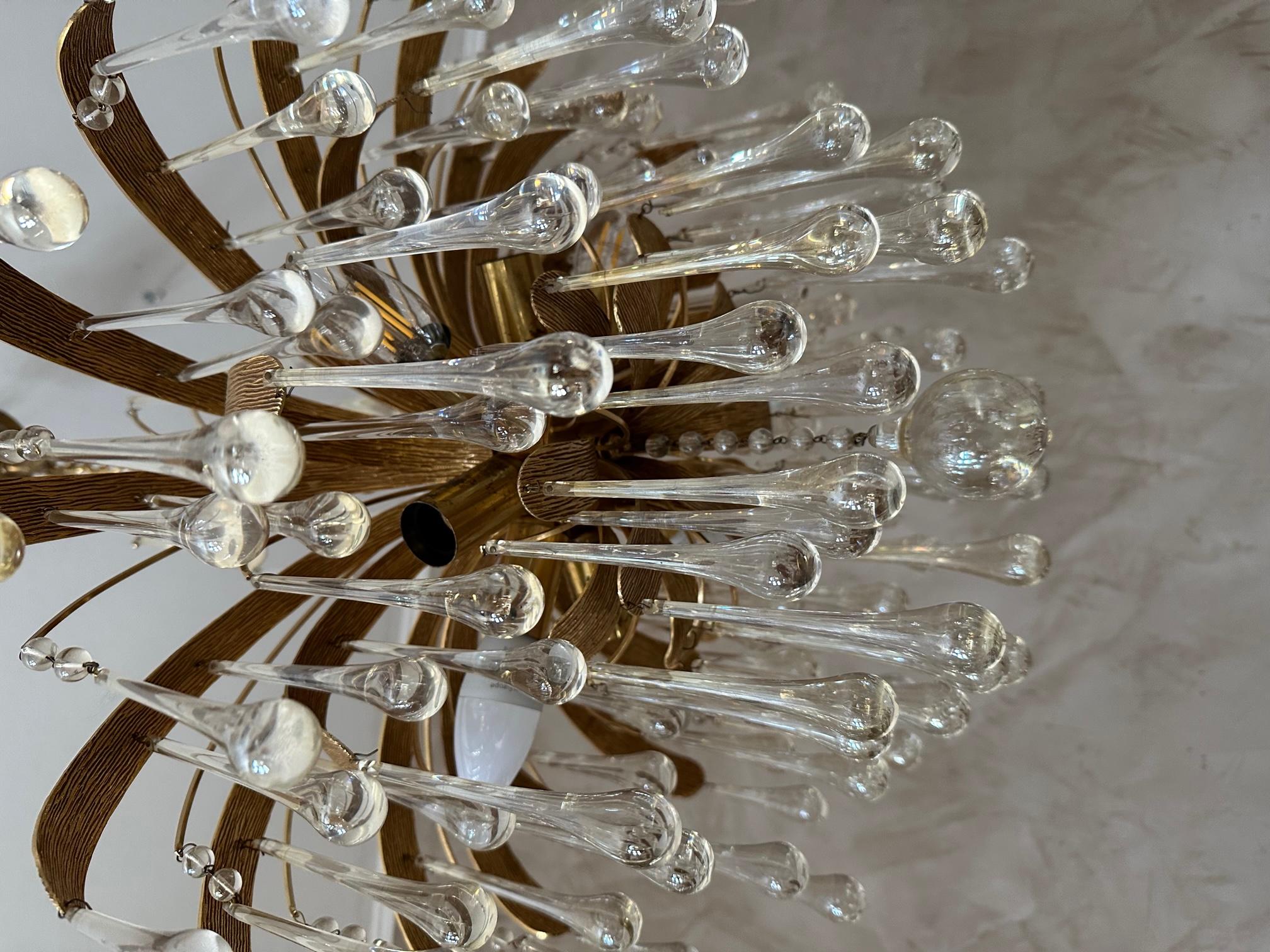 Late 20th Century 20th century German Palwa Murano Glass and Brass Chandelier, 1970s For Sale