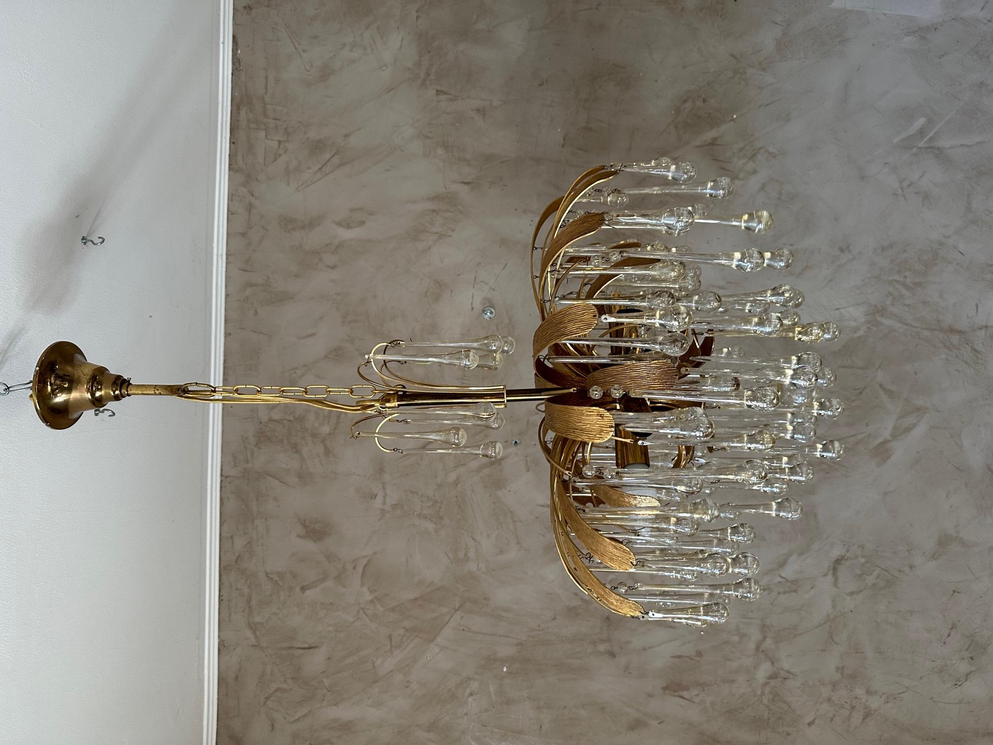 20th century German Palwa Murano Glass and Brass Chandelier, 1970s For Sale 2