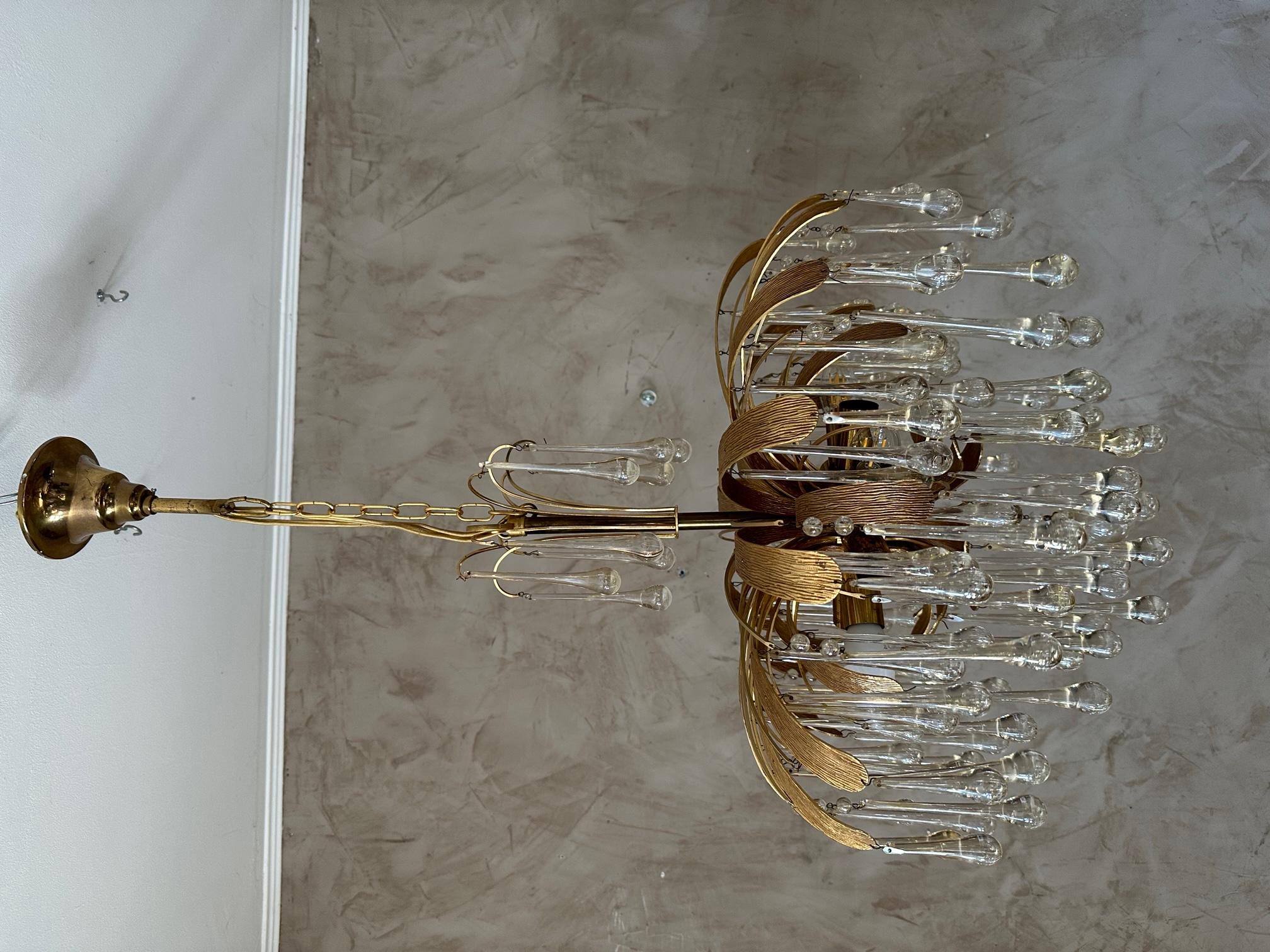 20th century German Palwa Murano Glass and Brass Chandelier, 1970s For Sale 4