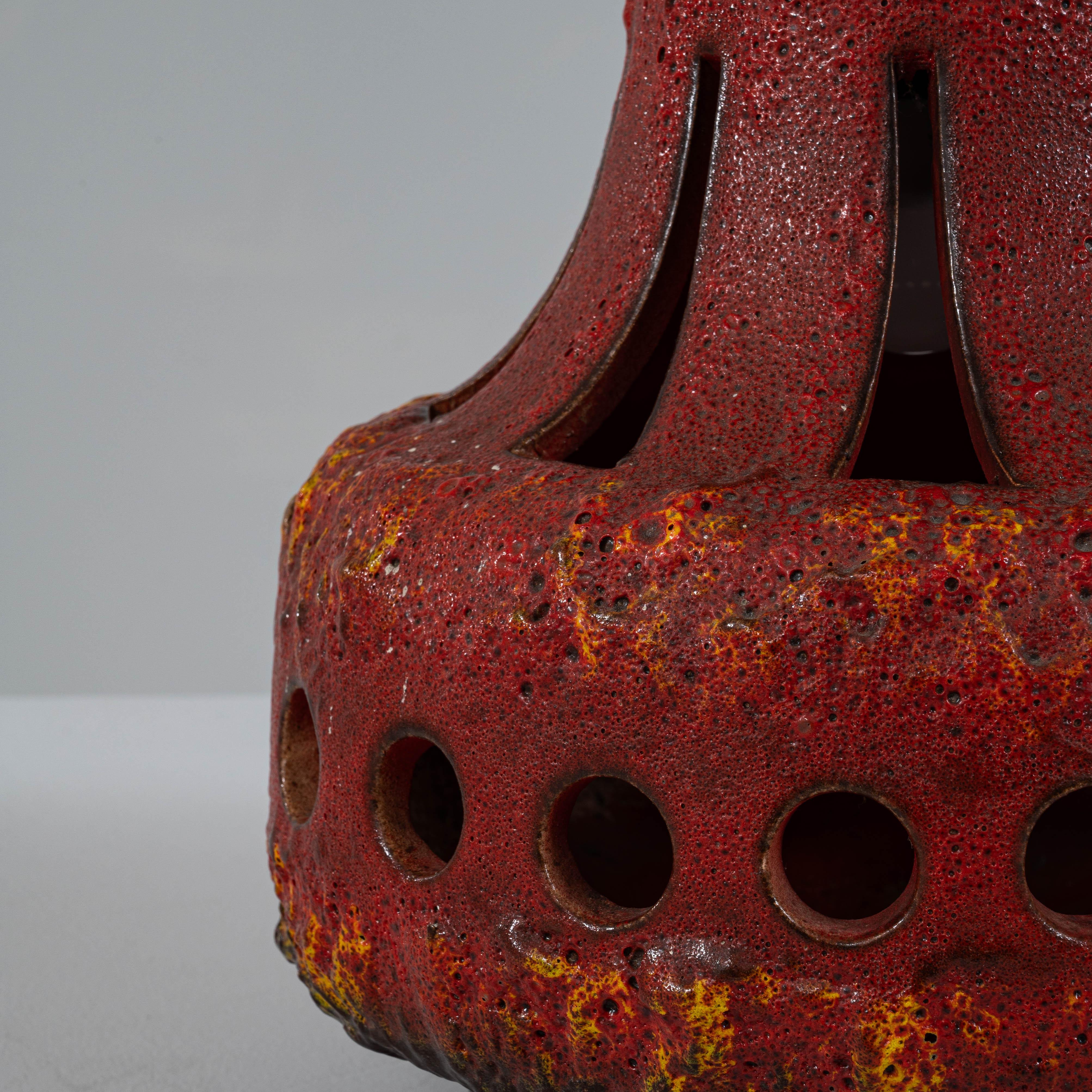 20th Century German Pierced Red Lava Glazed Ceramic Table Lamp For Sale 9