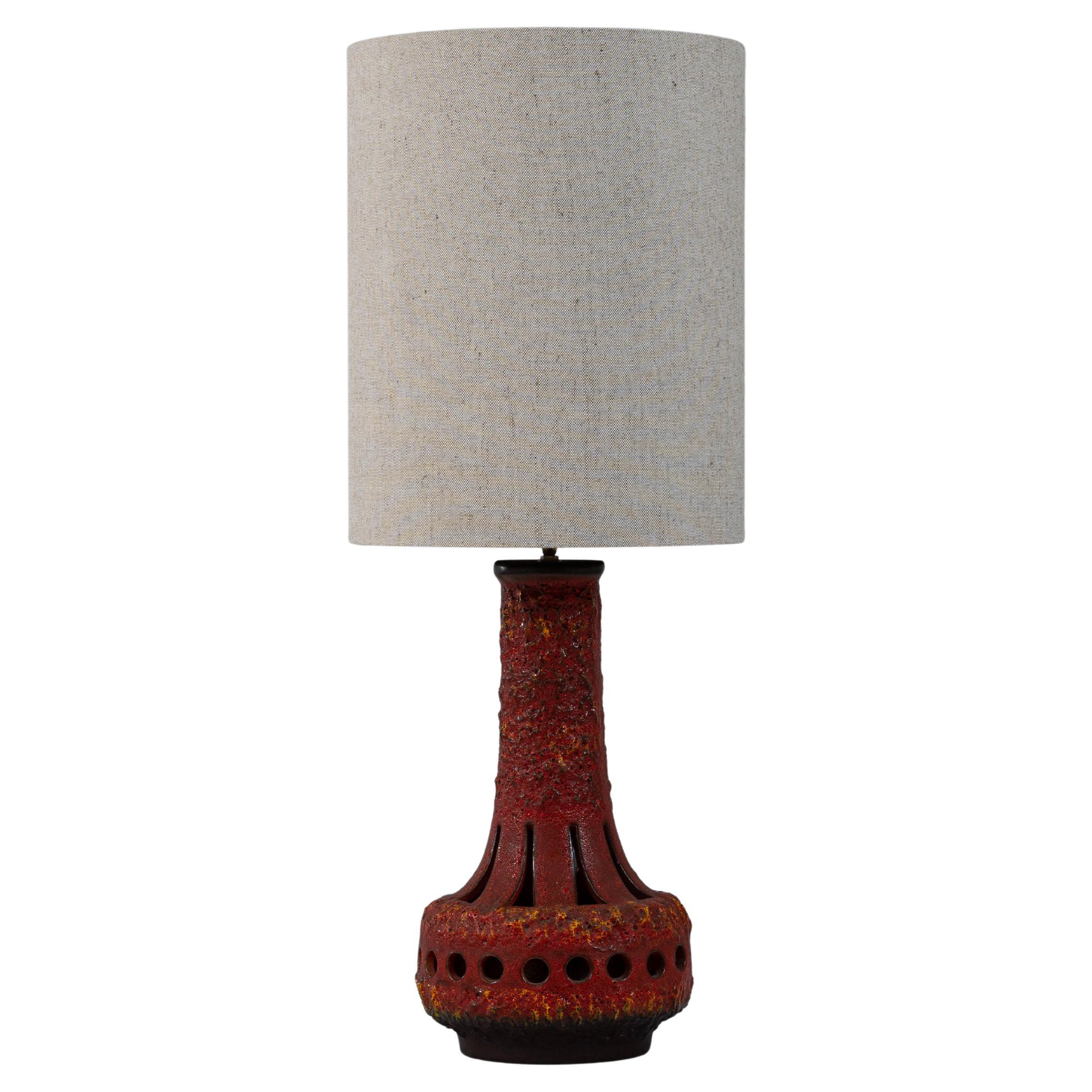20th Century German Pierced Red Lava Glazed Ceramic Table Lamp For Sale