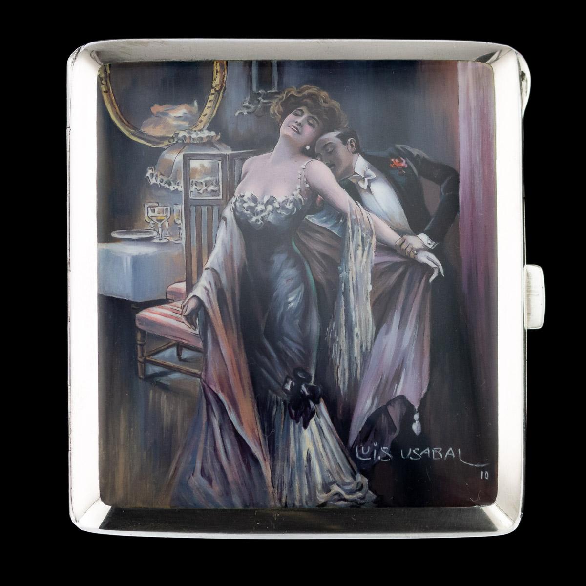 Antique early 20th century German solid silver and enamel cigarette case, the enameled cover is beautifully hand painted and signed by the famous artist Don Luis Usabal, renowned for celebrities portraits, his watercolors were printed in many