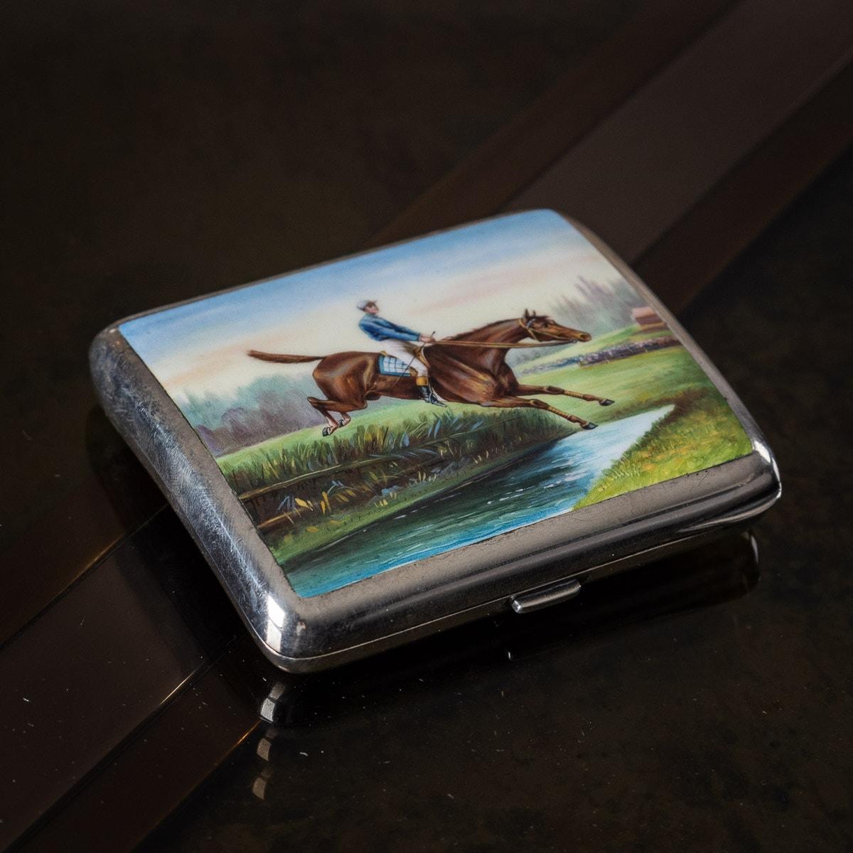 Antique early 20th Century German solid silver & enamel cigarette case, of slightly curved rectangular form with rounded corners, depicting a horse steeplechase and richly parcel gilt interior. Both sides are Hallmarked with English import silver