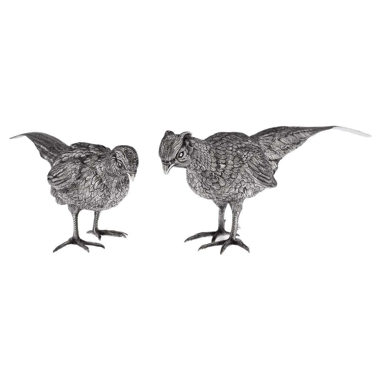 20th Century German Solid Silver Pair of Pheasant Statues, Hanau, circa 1910