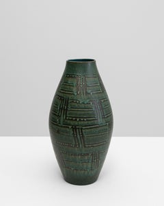 Mid-Century German Ceramic Vase, Deep Green Glaze, Geometric Design