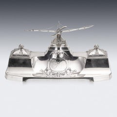 20th Century German Wmf Silver Double Inkwell With Aeroplane Theme, c.1920