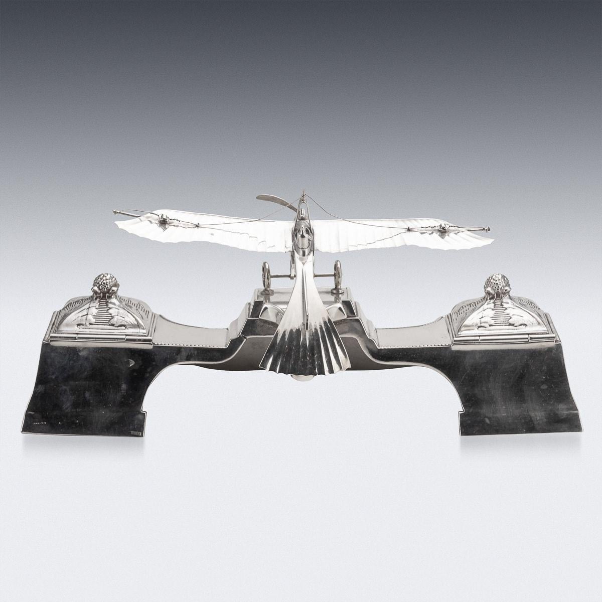 Silver Plate 20th Century German Wmf Silver Double Inkwell With Aeroplane Theme, c.1920