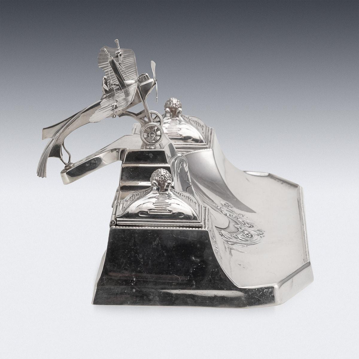 20th Century German Wmf Silver Double Inkwell With Aeroplane Theme, c.1920 1