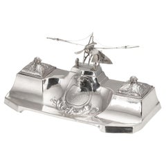 20th Century German Wmf Silver Double Inkwell With Aeroplane Theme, c.1920