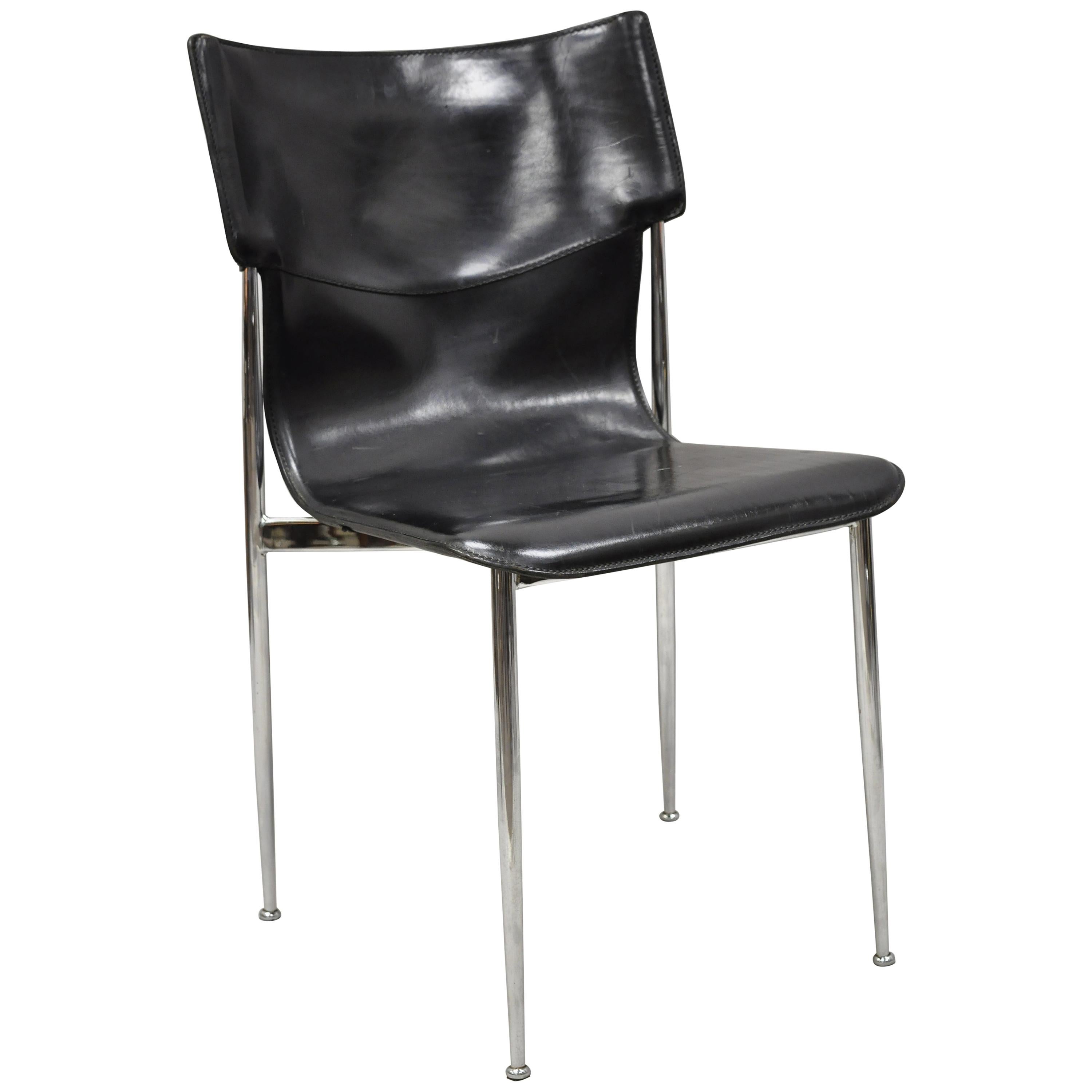 20th Century Giancarlo Vegni for Fasem Black Saddle Leather Chrome Side Chair