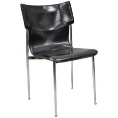 20th Century Giancarlo Vegni for Fasem Black Saddle Leather Chrome Side Chair