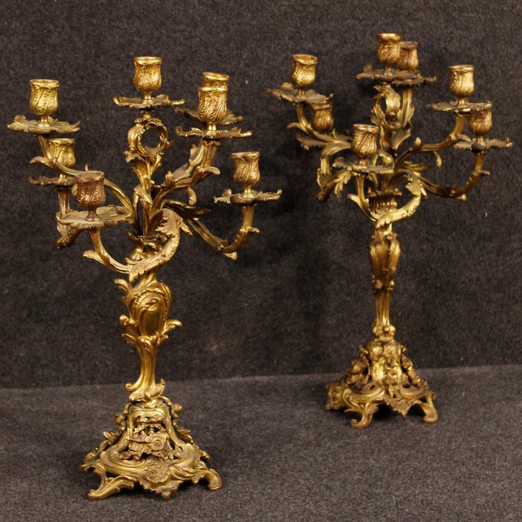 20th Century Gild and Chiselled Bronze Pair of Italian Candelabras, 1920 5