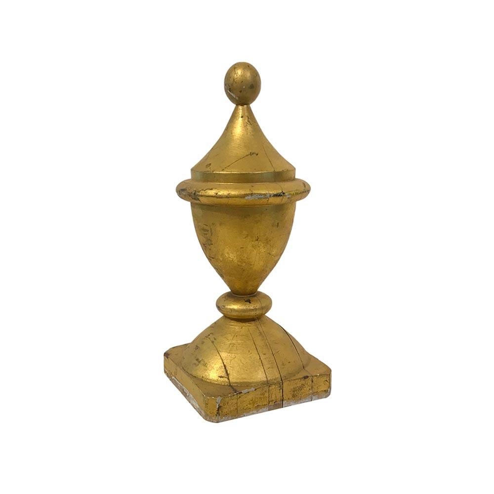 Large early 20th century laminated and turned wood gilded architectural filial of urn-form with ball top and ring turnings.