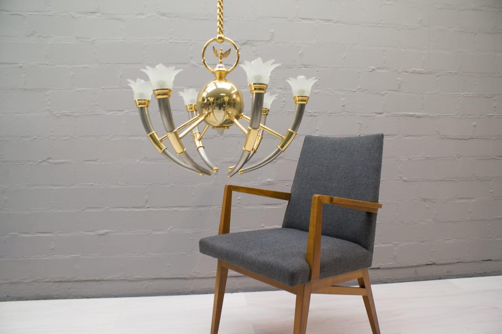 20th Century Gilded Brass and Glass Flowers Chandelier, 1970s For Sale 7
