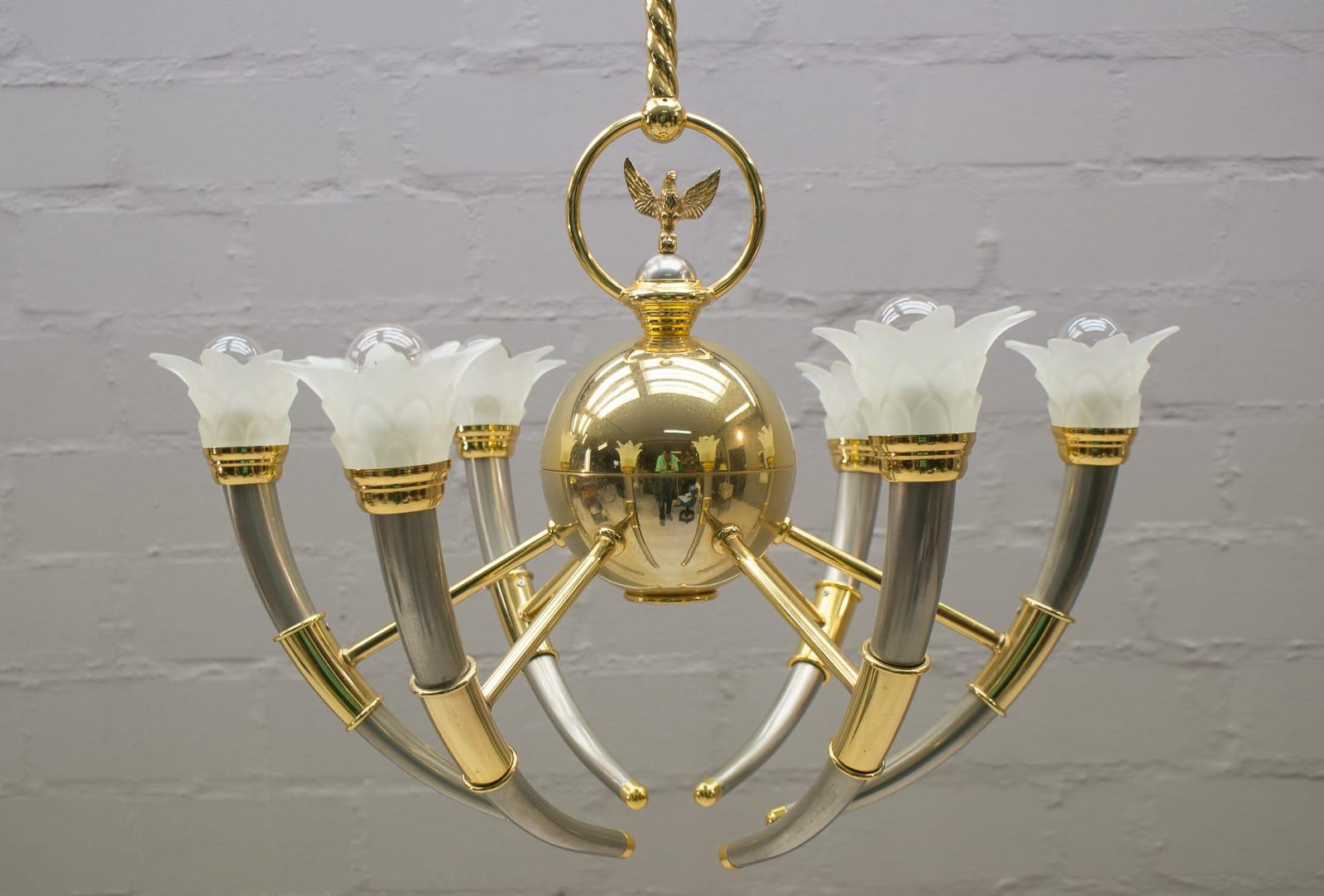 Empire 20th Century Gilded Brass and Glass Flowers Chandelier, 1970s For Sale