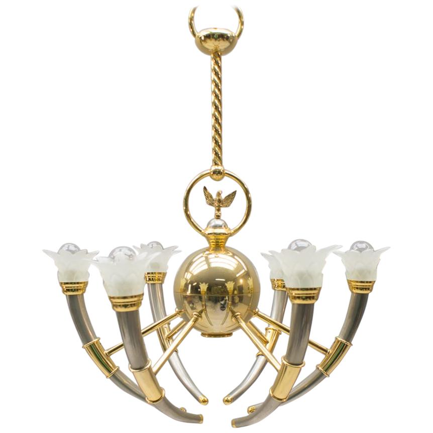 20th Century Gilded Brass and Glass Flowers Chandelier, 1970s