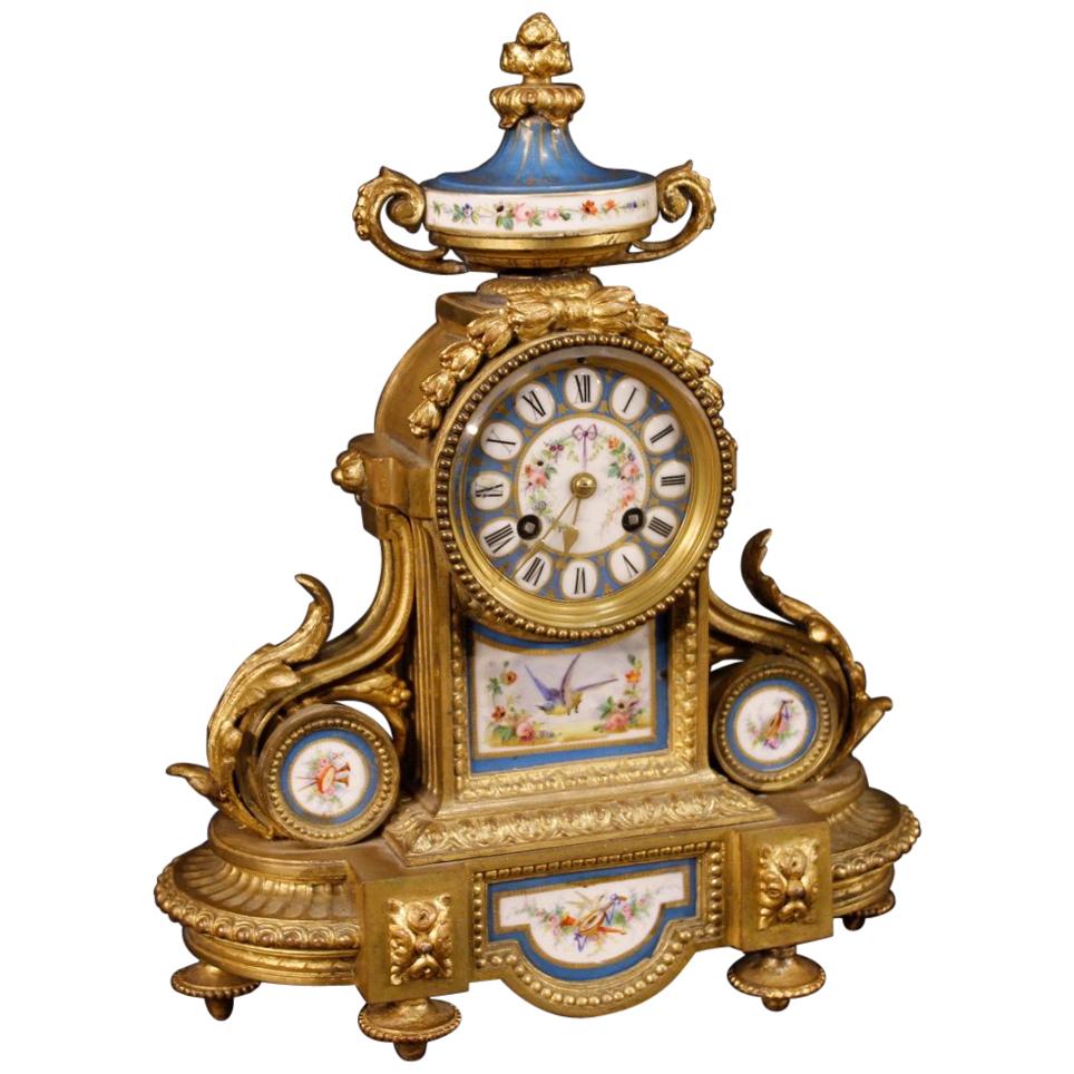 20th Century Gilded Bronze and Brass with Painted Ceramic French Clock, 1950 For Sale