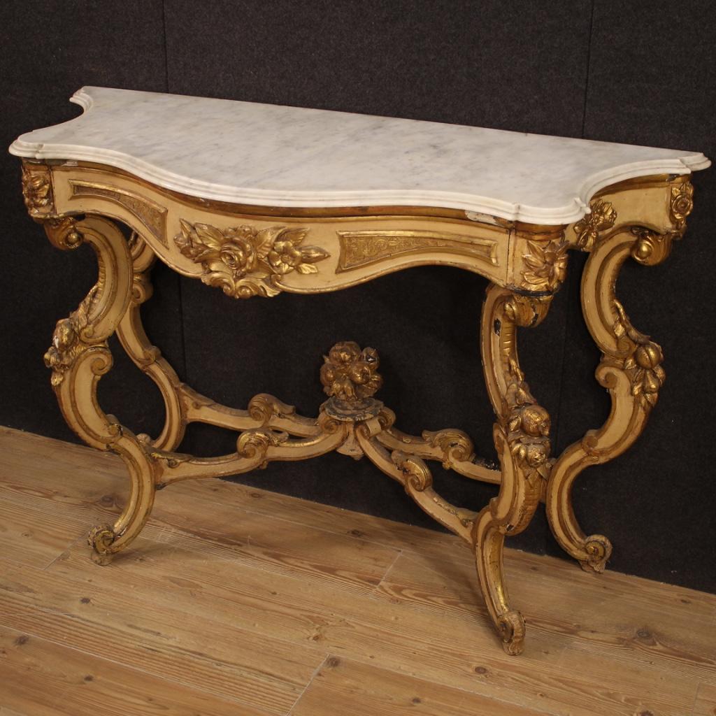 Louis Philippe 20th Century Gilt and Lacquered Wood with Marble Top Italian Console, 1950