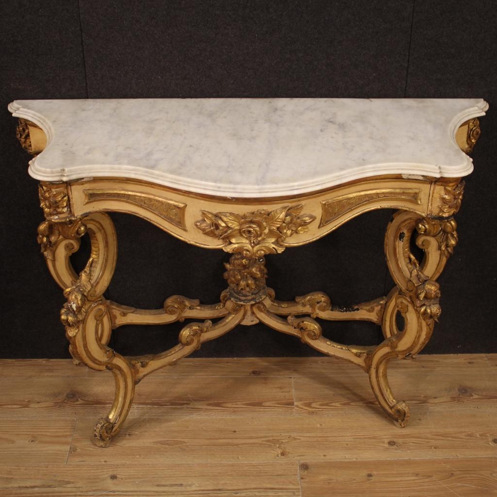 20th Century Gilt and Lacquered Wood with Marble Top Italian Console, 1950 In Good Condition In Vicoforte, Piedmont