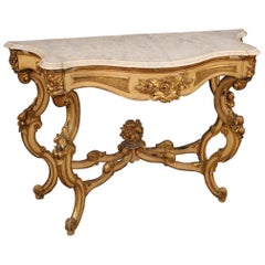 20th Century Gilt and Lacquered Wood with Marble Top Italian Console, 1950