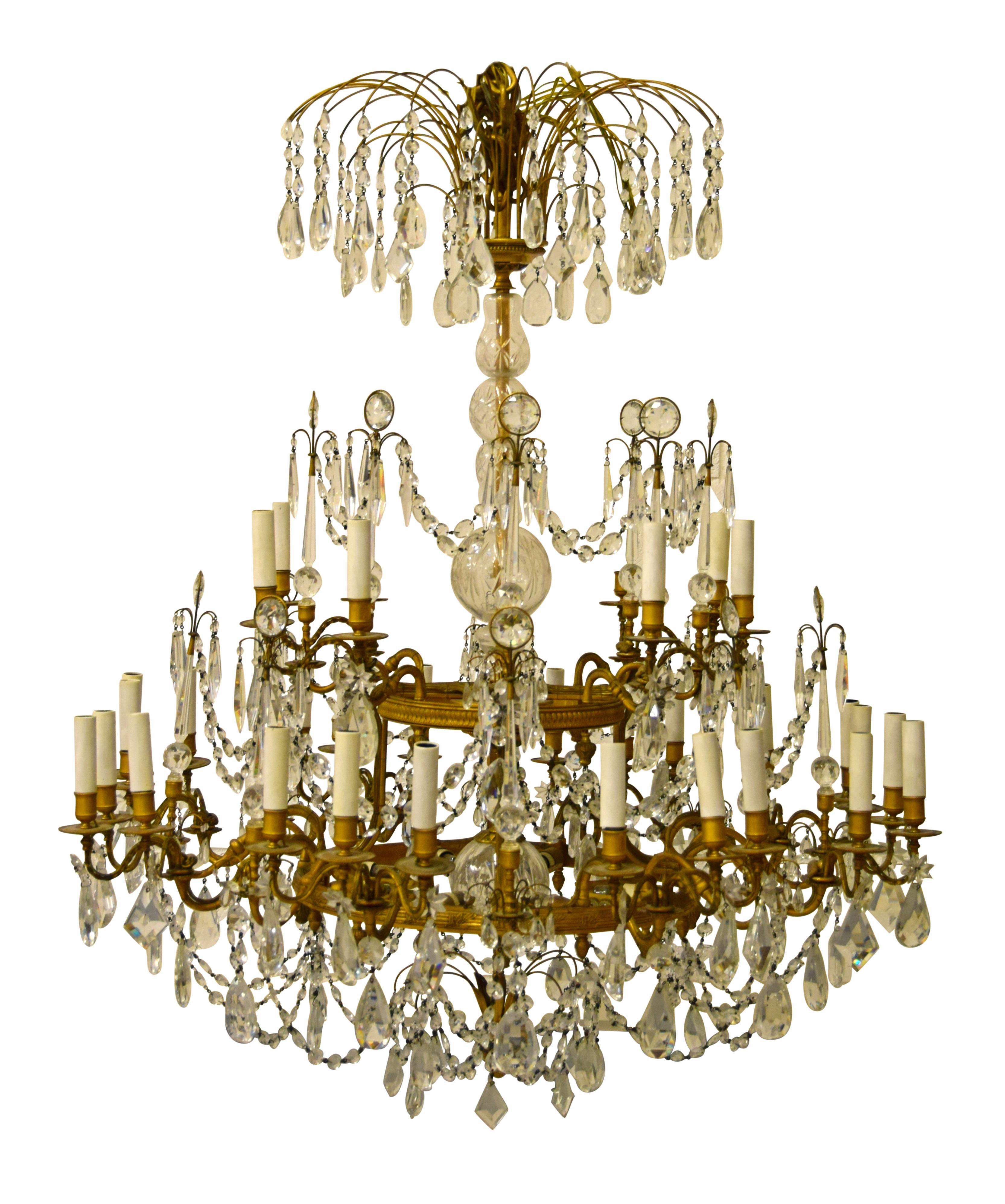 20th century, gilt bronze crystal Louis XVI style chandelier

The important golden bronze chandelier was made in northern Europe in the early 20th century in the Louis XVI style.
The structure is in gilded bronze finely chiselled with geometric
