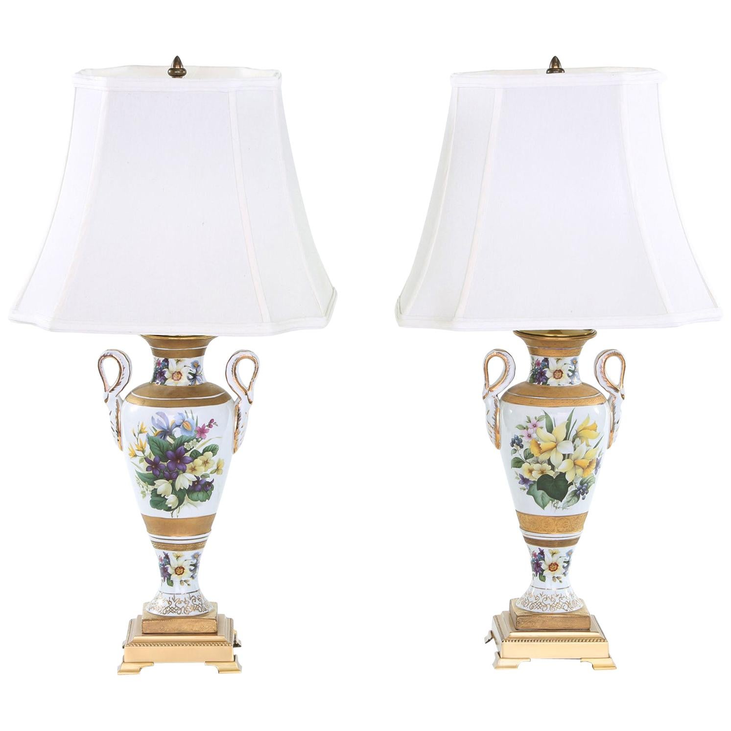 20th Century Gilt Porcelain / Brass Base Pair Table Lamps